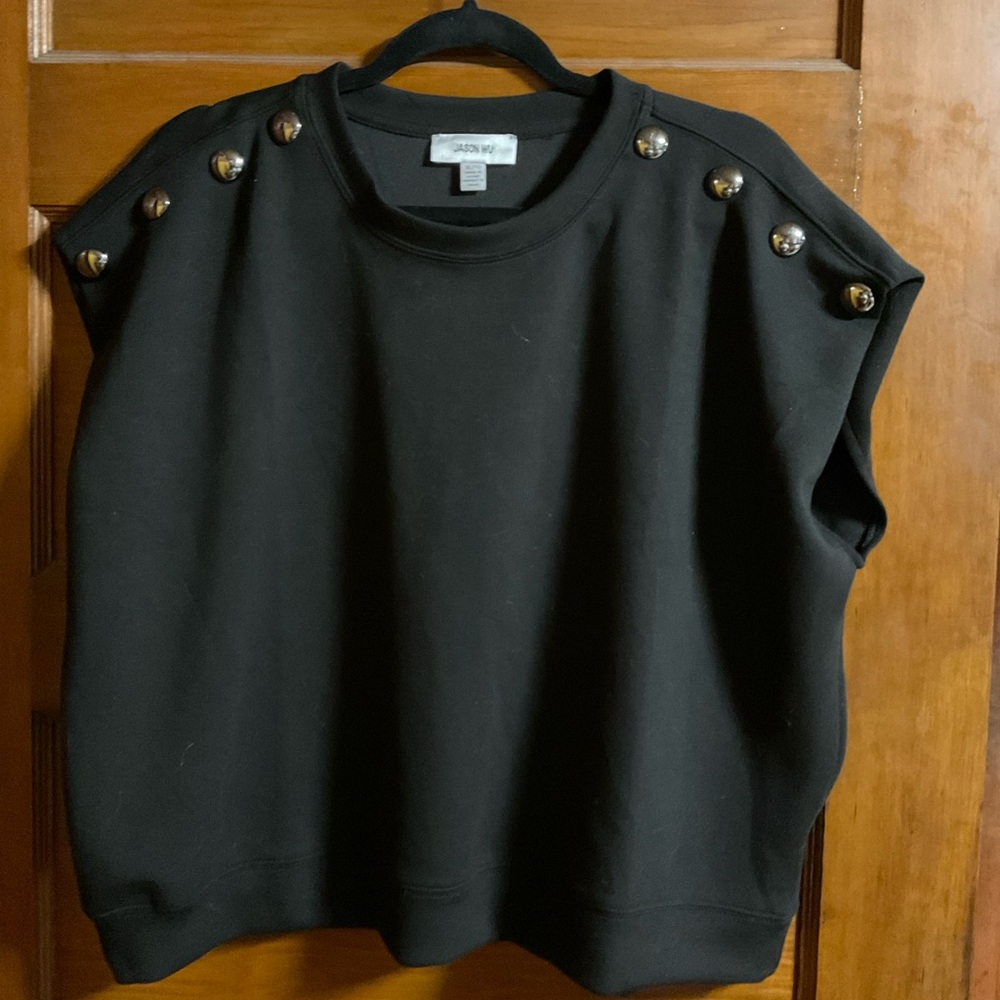 Jason Wu Sleeveless Crewneck Sweatshirt Women's XL Black with Metallic Buttons